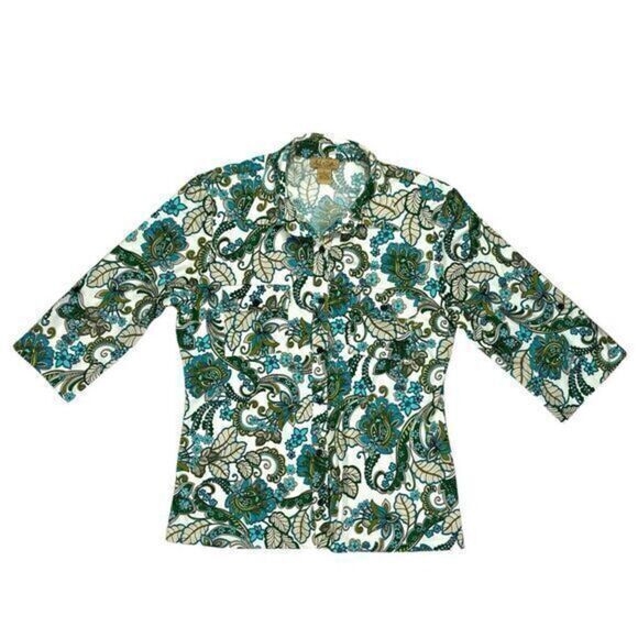 Peck & Peck Weekend Shirt Womens Large White Paisley Roll Up Sleeve Button Down - Picture 1 of 16
